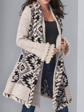 K. Jordan Duster Venus Coat XL Cream Black Womens Geometric Aztec Pattern Shawl